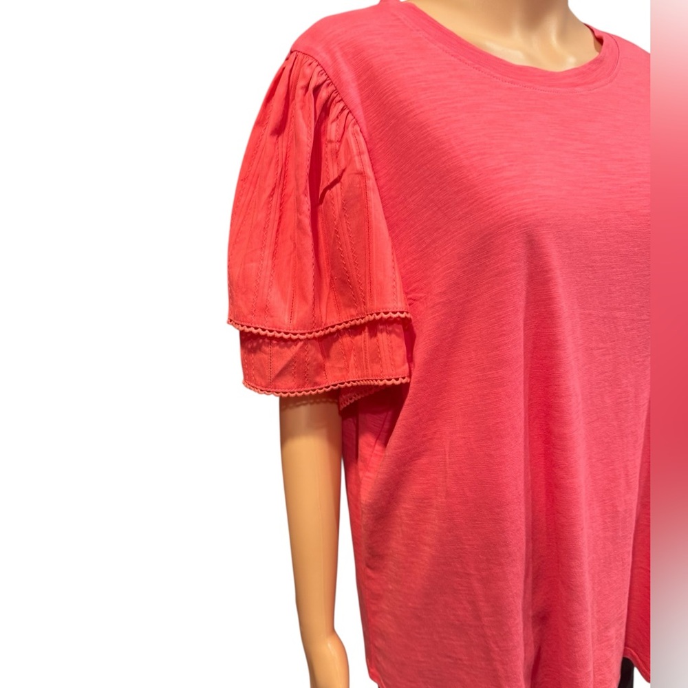 JANE & DELANCEY Vibrant Coral Double Ruffle Short Sleeve Cotton Blouse NWT 1X - Picture 4 of 11